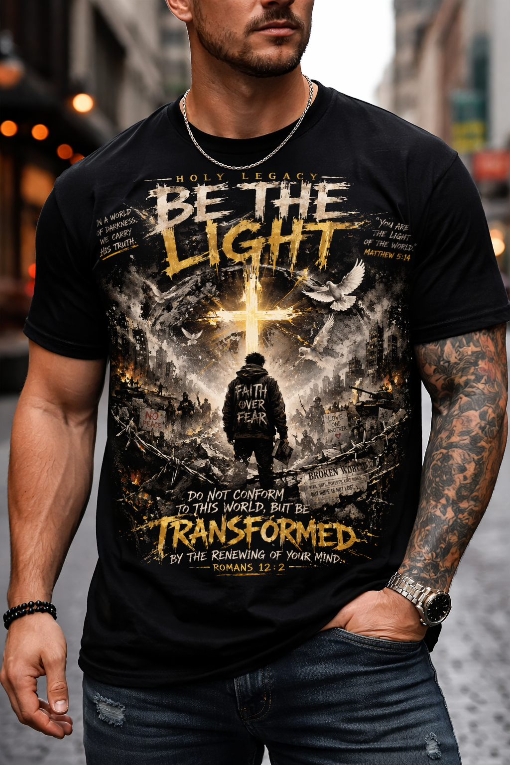Be The Light Christian Tee — "Faith Over Fear" Cross Graphic