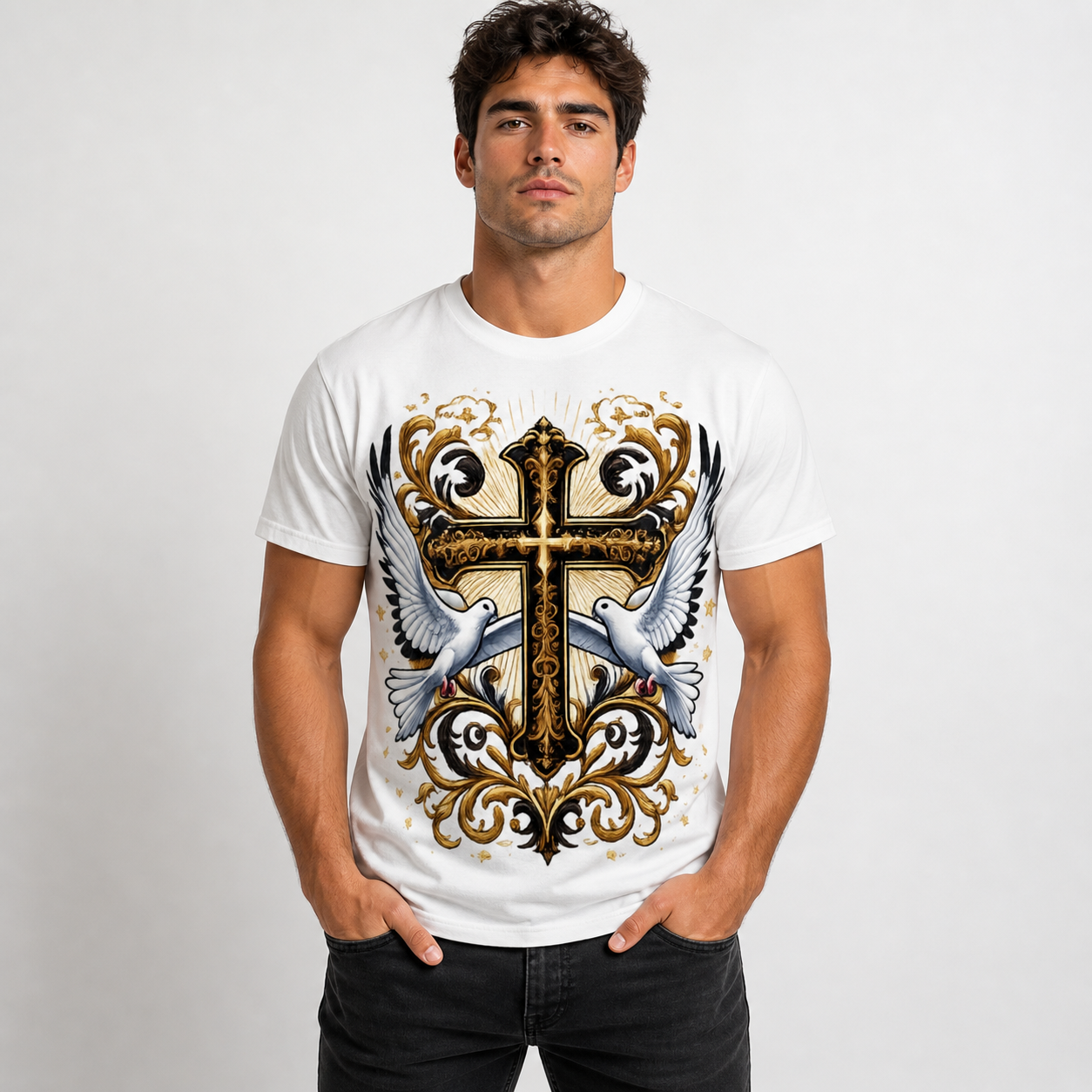 Cross & Doves T-Shirt — Ornate Gold Christian Faith Tee